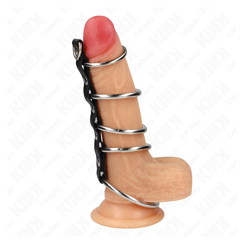 Kink - 5 Metal Penis Rings 3.2 Cm To 5 Cm Connected By Leather