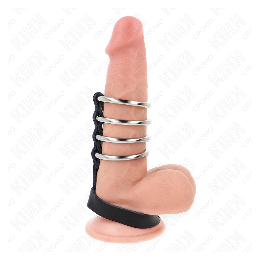 Kink - 4 Metal Penis Rings 3.8 Cm Connected With Leather Strap 22 X 1.5 Cm And Pressure Closure