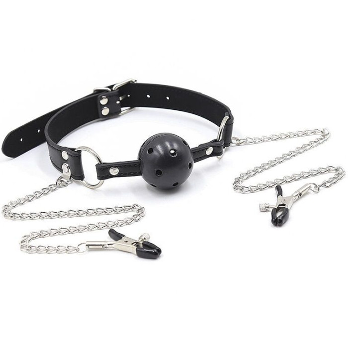 Ohmama Fetish - Ball Gag With Vents And Nipple Clamps