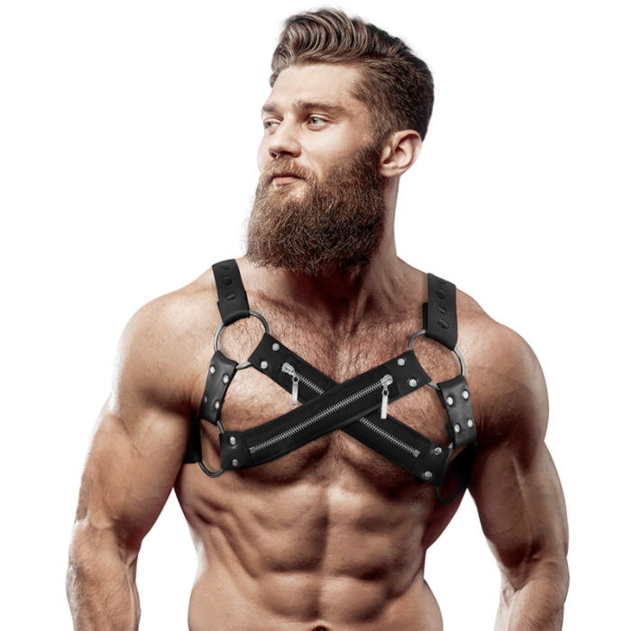 Fetish Submissive Attitude - Adjustable Neoprene Cross-over Chest Bulldog Harness With Zippers For Men