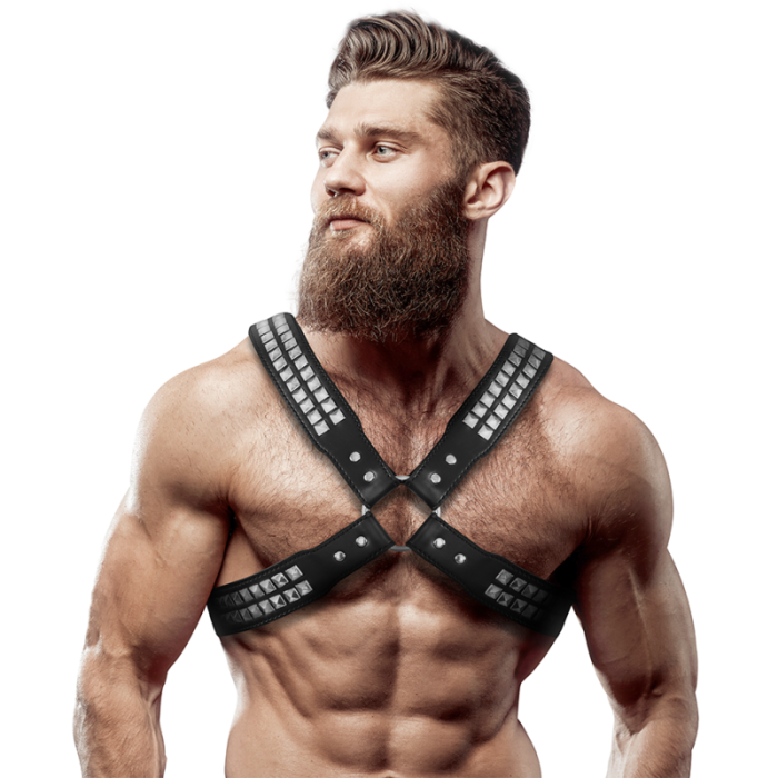 Fetish Submissive Attitude - Men's Crossed Chest Eco-leather Harness With Rivets